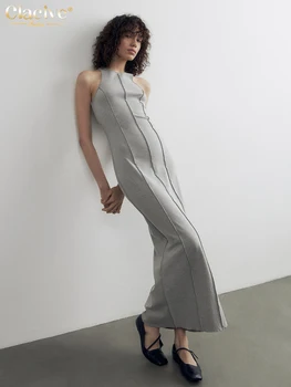 Элегантное облегающее Серое трикотажное платье Lady Summer с круглым вырезом, без рукавов, длиной до щиколоток, Элегантные Классические однотонные платья для женщин 2024 года.