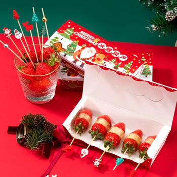 100шт Рождественская бамбуковая шпажка для коктейлей, топпер для кексов, одноразовые зубочистки для десерта, принадлежности для декора новогодней вечеринки
