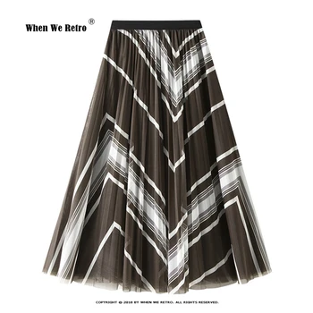 2022 Повседневная Женская Плиссированная юбка в полоску с принтом, Сетчатый тюль с высокой талией, Длинные юбки, эластичная юбка Миди, Офисная леди VD3277