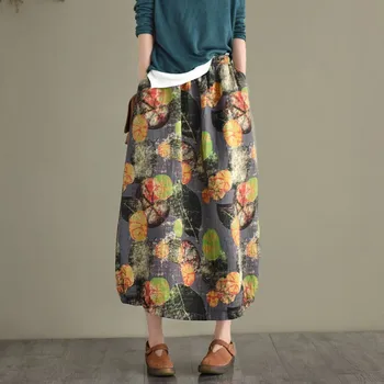 2023 Весна-осень, Новый художественный стиль, женская эластичная талия, свободная повседневная длинная юбка трапециевидной формы, хлопковая льняная юбка с винтажным принтом, C890