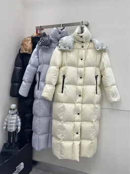 2023 Отличное качество, Женский стиль, Высококачественное пуховое пальто X-long с капюшоном, брендовый дизайн, однобортное повседневное теплое женское пуховое пальто