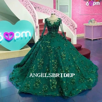 ANGELSBRIDEP Изумрудно-Зеленое Пышное Платье С 3D Цветами, Сверкающее Бисером, Кристаллами И Жемчугом, Vestidos De 15 Anos, Вечеринка по Случаю Дня Рождения