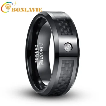 BONLAVIE Кольцо из карбида вольфрама 8 мм, черный полированный круглый циркон, черное кольцо из углеродного волокна, Обручальные кольца для мужчин