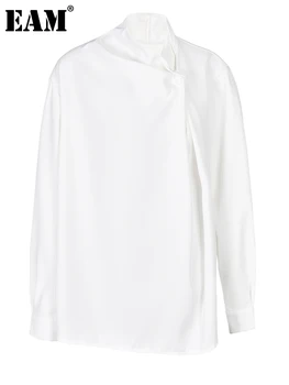 [EAM] Женская Белая Плиссированная Блузка Неправильной Формы Большого Размера, Новая Рубашка Свободного Покроя С Отворотом И Длинным Рукавом, Модная Весна-Осень 2024 1DF8403