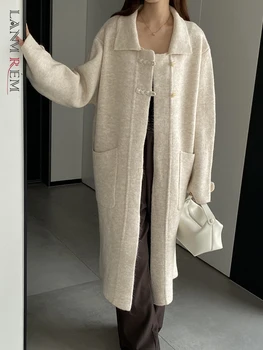 LANMREM Модное Длинное однотонное пальто с лацканами, Дизайн дисковой пряжки, Женская одежда в Корейском стиле 2023, Новинка зимы 2AA3110