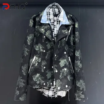 PFHQ Поддельные дизайнерские куртки-тройки с индивидуальным принтом в виде листьев льда и цветка, мужское осенне-зимнее теплое джинсовое пальто в стиле пэчворк 21Z3460