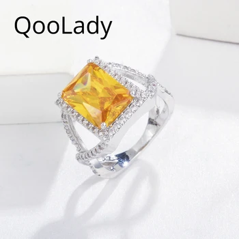 QooLady Великолепные большие квадратные обручальные кольца с желтым кристаллом CZ, широкие кольца для новобрачных, кольца для помолвки для женщин, ювелирные изделия F076