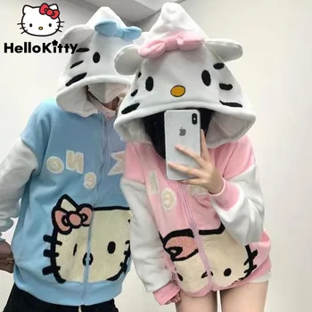 Sanrio Hello Kitty, Кавайный кардиган, пальто, Женская Осенне-зимняя новая утолщенная толстовка с капюшоном Y2k, Опрятная Милая толстовка с героями мультфильмов, одежда для девочек