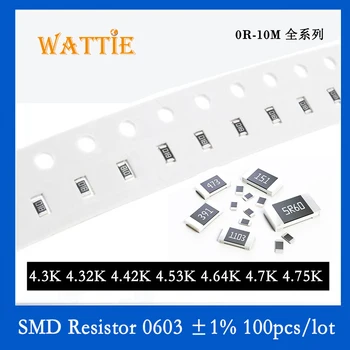 SMD резистор 0603 1% 4.3K 4.32K 4.42K 4.53K 4.64K 4.7K 4.75K 100 шт./лот микросхемные резисторы 1/10 Вт 1.6 мм * 0.8 мм