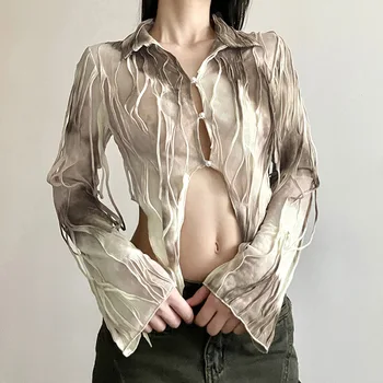 Tassel Tie Dye Fairy Гранж, сексуальные блузки, готический винтаж, Y2k, потертые женские укороченные топы, уличная одежда, тонкая футболка с длинным рукавом