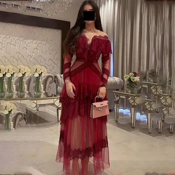 Verngo/ Многоуровневое платье для выпускного вечера с длинными рукавами и вырезом лодочкой, кружевное, трапециевидной формы, красные Элегантные платья для официальных мероприятий, вечернее платье на молнии