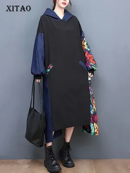 XITAO Свободное Асимметричное платье с капюшоном и воротником, Индивидуальное платье контрастного цвета с принтом в стиле пэчворк, Женское Осеннее трендовое уличное платье HQQ1495