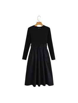 ZADATA Новое женское черное повседневное свободное Ретро Элегантное платье с длинным рукавом Свободное тонкое Универсальное платье, подходящее для поездок на работу