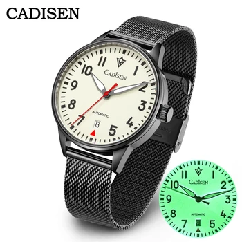 Автоматические часы CADISEN Мужские люминесцентные наручные часы с автоподзаводом из нержавеющей стали NH35A Сапфировые механические часы с водонепроницаемым сетчатым ремнем