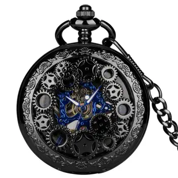 Антикварные механические часы с шестеренчатым механизмом, полый синий каркас, модные черные часы-брелок с ручным заводом, часы с римским номером и 38-сантиметровой цепочкой-крючком