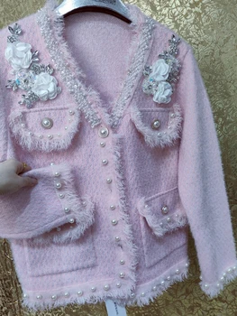 Блестящие 3D Розы, вышитые бисером и бриллиантами, однобортный свитер для женщин, осень-зима, трикотаж с V-образным вырезом, кардиган, пальто