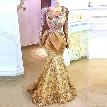 Вечернее платье с золотистым кружевом и оборками в виде русалки с длинным рукавом для банкета, выпускного вечера, свадьбы на заказ aso ebi