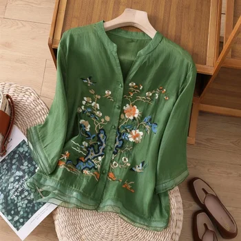 Винтажные блузки с вышивкой, женские рубашки в китайском стиле, Летняя Свободная женская одежда с короткими рукавами, хлопковые льняные топы A44
