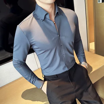 Высококачественная мужская рубашка с вафельным V-образным вырезом, бесшовная эластичная рубашка с длинными рукавами, однотонные повседневные рубашки в деловом стиле