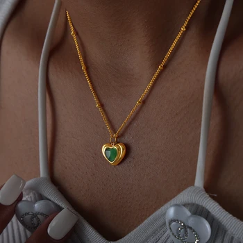 Высококачественное ожерелье с подвеской в форме сердца из нержавеющей стали, набор сережек, инкрустация зеленым стеклом, модные женские украшения класса люкс, подарки