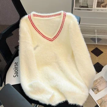 Женская белая одежда, винтажный вязаный свитер контрастных цветов, повседневные модные мешковатые женские зимние топы с V-образным вырезом