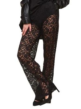 Женские прозрачные кружевные брюки в готическом стиле С высокой талией, широкие брюки-клеш, клубная одежда