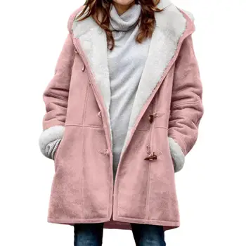 Женское осенне-зимнее пальто с капюшоном Из Мягкого плюша, Длинный рукав, Толстые Пуговицы средней длины, Свободные карманы, Женская куртка, Верхняя одежда