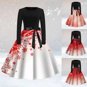 Зимние Рождественские платья-качели, Женский винтажный халат 50-60-х годов, элегантное вечернее платье с длинным рукавом, повседневное праздничное платье с принтом Лося
