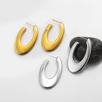 Классические круглые серьги-кольца из нержавеющей стали с открытым овалом для женщин, позолоченные глянцевые минималистичные геометрические серьги, вечерние украшения