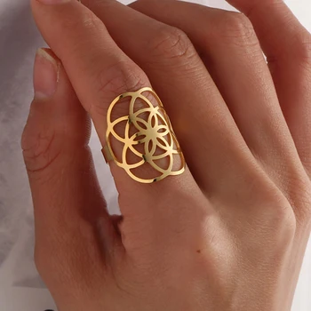 Кольцо с цветком жизни из нержавеющей стали, Золотое кольцо с PVD покрытием, модное женское открытое регулируемое кольцо с цветком, ювелирная вечеринка