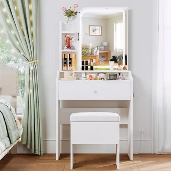 Комоды для спальни, туалетный столик с ящиком для хранения, стул и 3 полки, Мебельный туалетный столик для макияжа с зеркалом, белый