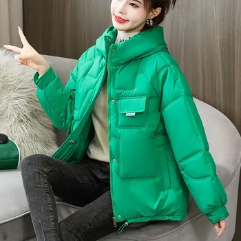 Корейское Свободное Пуховое хлопчатобумажное пальто Для женщин 2023, Новая Зимняя Верхняя одежда с капюшоном, Женская Модная Короткая куртка на молнии, Женская