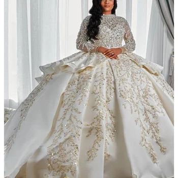 Красивые аппликации с высоким воротом Бусины Бальное Свадебное платье С длинными рукавами Vestidos De Novia Многослойное Свадебное платье с оборками