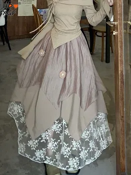 Кружевная длинная юбка в стиле пэчворк с неровными краями, Корейская модная эластичная юбка трапециевидной формы с высокой талией, Темпераментная элегантная юбка миди