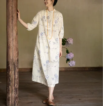 Летнее длинное хлопчатобумажное платье с принтом 2023, китайское свободное длинное платье 0806-2