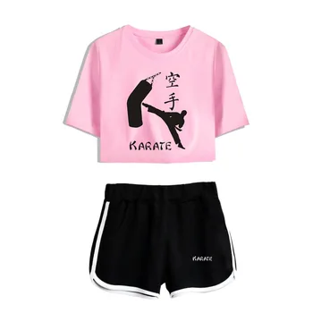 Летние женские комплекты для Киокушинкай Киокушинкай Карате, укороченный топ с коротким рукавом + шорты, спортивные костюмы, женские спортивные костюмы из двух частей.