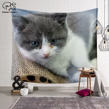 Милый кот с рисунком, Забавное мультяшное одеяло, гобелен с 3D принтом, прямоугольный домашний декор, стиль настенного подвешивания-3