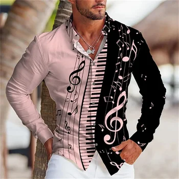 Модная мужская рубашка 2023 года, музыкальная нота, 3D печать, топ с пуговицами на лацканах, рубашка с длинным рукавом, Одежда 10 стилей, Удобный дизайн S-6XL