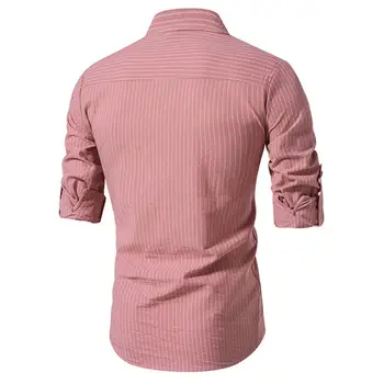 Модная мужская рубашка в полоску, приталенная мужская деловая рубашка с воротником-стойкой и длинным рукавом, дышащий официальный топ для осени и весны