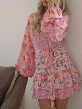 Модное женское мини-платье с цветочным рисунком, длинный рукав, V-образный вырез, короткое облегающее платье с рюшами, осенняя повседневная клубная уличная одежда
