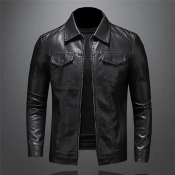 Мужская мотоциклетная кожаная куртка с карманом большого размера, черная молния с лацканами, приталенная мужская весенне-осенняя высококачественная куртка из искусственной кожи M-5XL