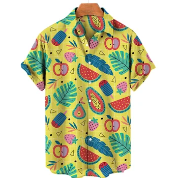 Мужская рубашка с объемным рисунком тропических фруктов, Гавайский цветок, 3D-принт, дизайнерская пляжная винтажная одежда для отдыха