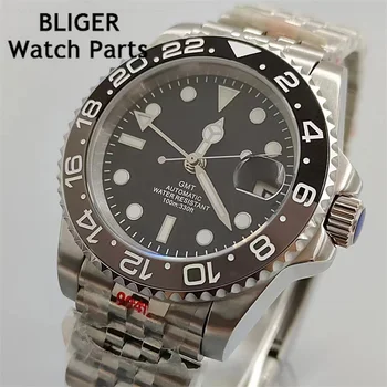 Мужские механические наручные часы BLIGER 40 мм GMT Часы NH34 с сапфировым стеклом, керамический безель, буквы, черный циферблат, браслет из нержавеющей стали