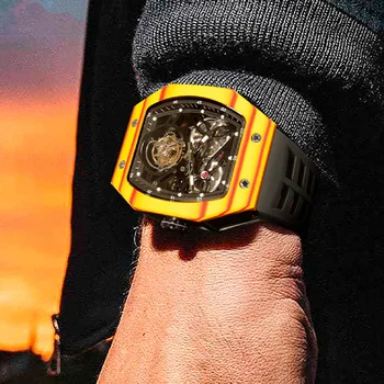 Мужские часы AESOP Механические часы Flying Tourbillon Роскошные наручные часы со светящимся скелетом Tourbillon из углеродного волокна