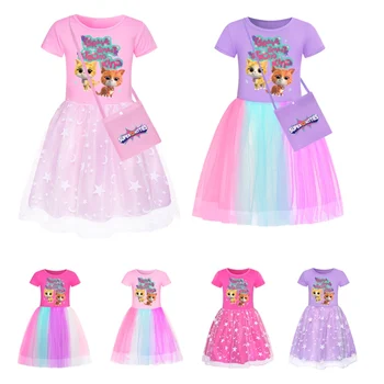 Одежда SuperKitties Детские платья с коротким рукавом для девочек Super Kitties Радужное праздничное платье для дня рождения, детское платье с блестками и сумкой