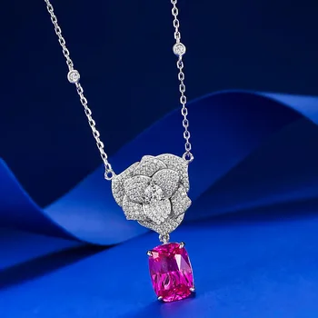 Ожерелье с цветочным рубином и бриллиантом ручной работы из 100% настоящего стерлингового серебра 925 пробы, вечерние Свадебные подвески, Ожерелье для женщин, свадебные украшения