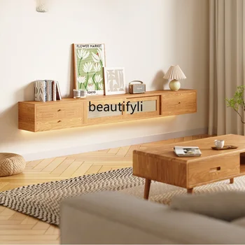 Подвесная подставка для телевизора из массива дерева в японском стиле, Простой подвесной настенный шкафчик в скандинавском стиле с легкой корпусной мебелью