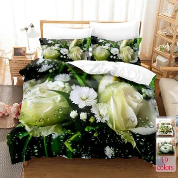 Пододеяльник с зеленой розой, цветочное одеяло, Стеганые одеяла, наволочка размера Queen Size, комплект постельного белья, 3шт, 2ШТ для односпальной двуспальной кровати, полной односпальной