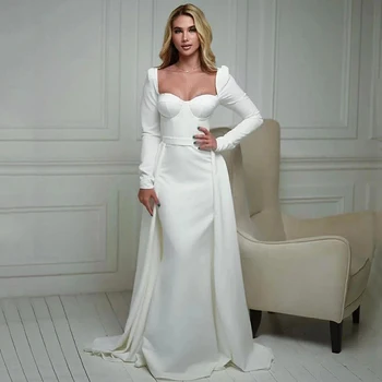 Простое свадебное платье с длинными рукавами в виде сердечка и съемным шлейфом длиной до пола, свадебные платья русалки, сшитые на заказ