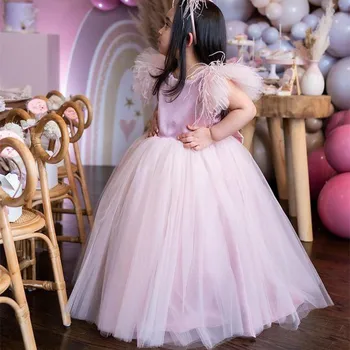 Простые Розовые Платья В Цветочек Для Девочек Из Перьевого Тюля Для Маленьких Детей, Праздничные Свадебные Платья На День Рождения
